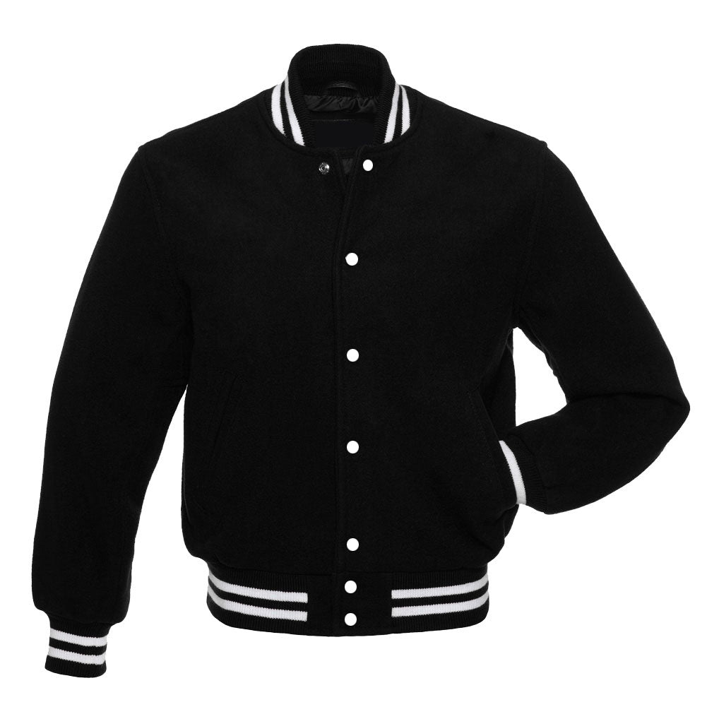 All-Black Wool Varsity Jacket | Classic Full Wool Letterman Baseball Bomber Jacket