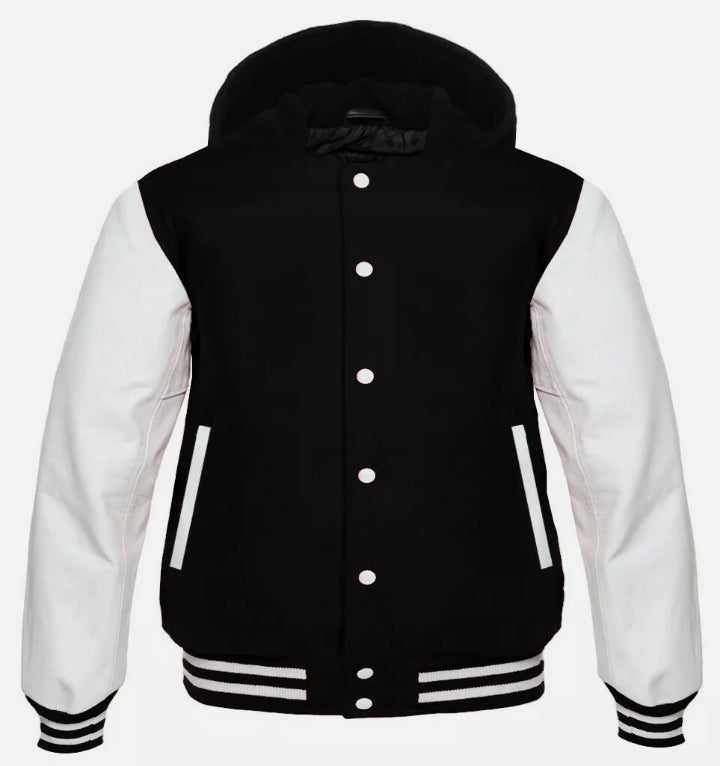 Black & White Varsity Jacket | Wool Body with Leather Sleeves Letterman Bomber