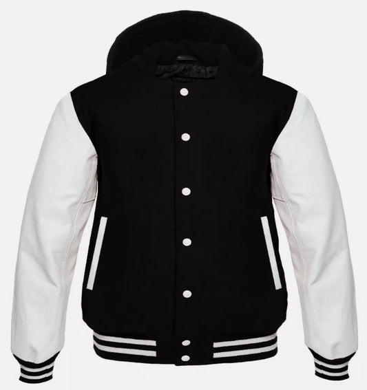 Black & White Varsity Jacket | Wool Body with Leather Sleeves Letterman Bomber