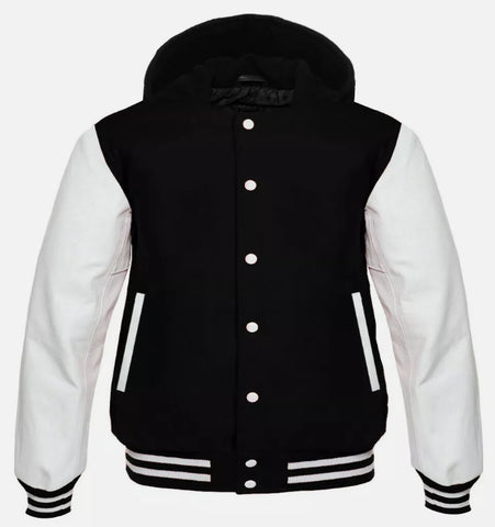 Black & White Varsity Jacket | Wool Body with Leather Sleeves Letterman Bomber