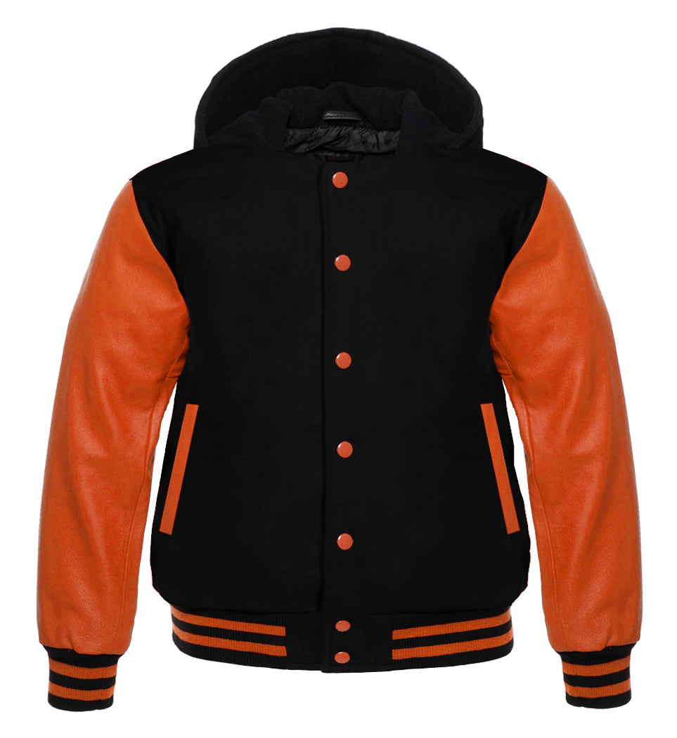 Black Wool Baseball Letterman Varsity Jacket with Orange Leather Sleeves | Streetwear Bomber