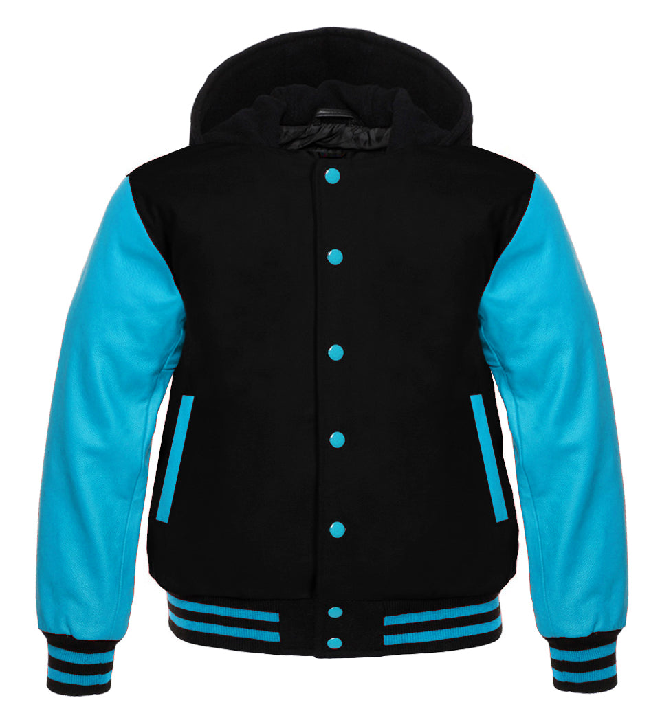 Black Wool Baseball Letterman Varsity Jacket with Sky Blue Leather Sleeves | Streetwear Bomber