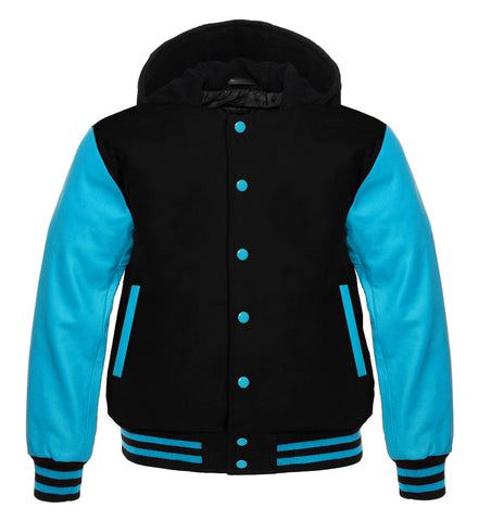 Black Wool Baseball Letterman Varsity Jacket with Sky Blue Leather Sleeves | Streetwear Bomber