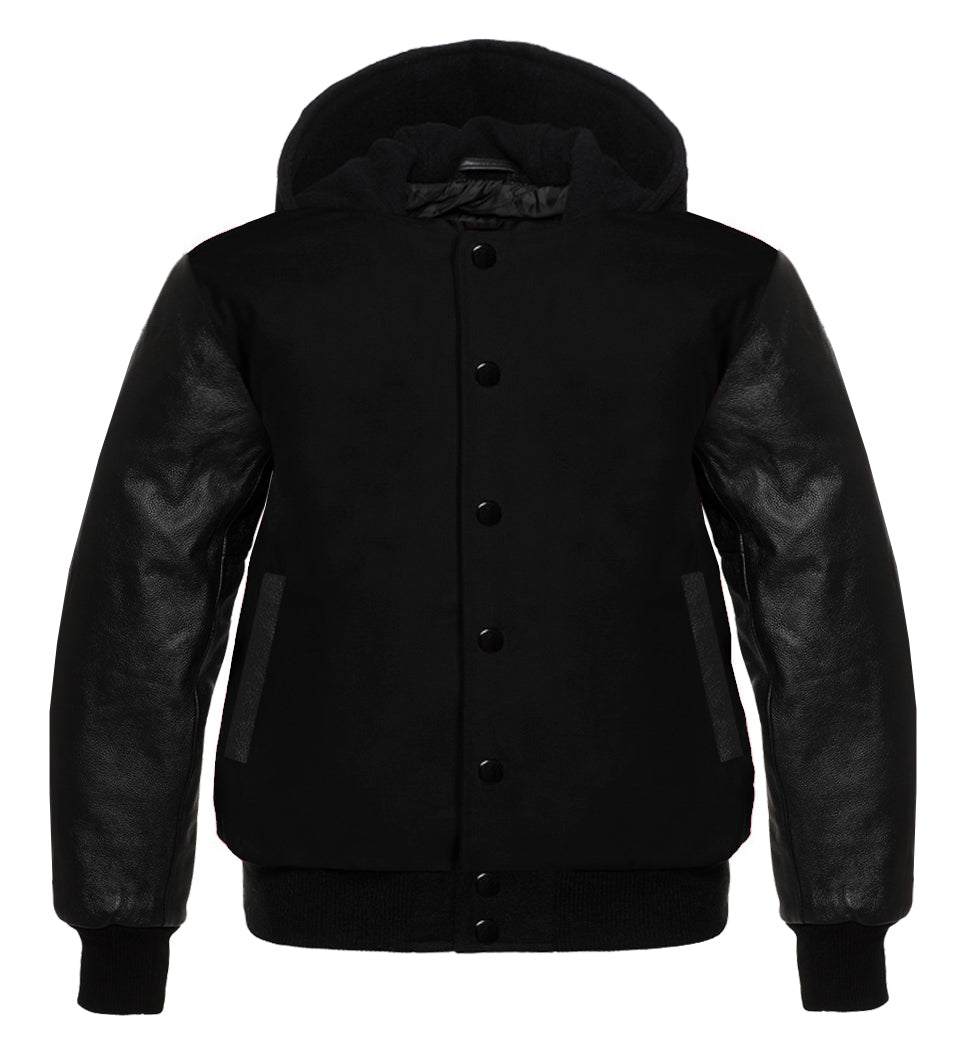 Black Wool Letterman Varsity Jacket with Black Leather Sleeves | Classic Baseball Bomber