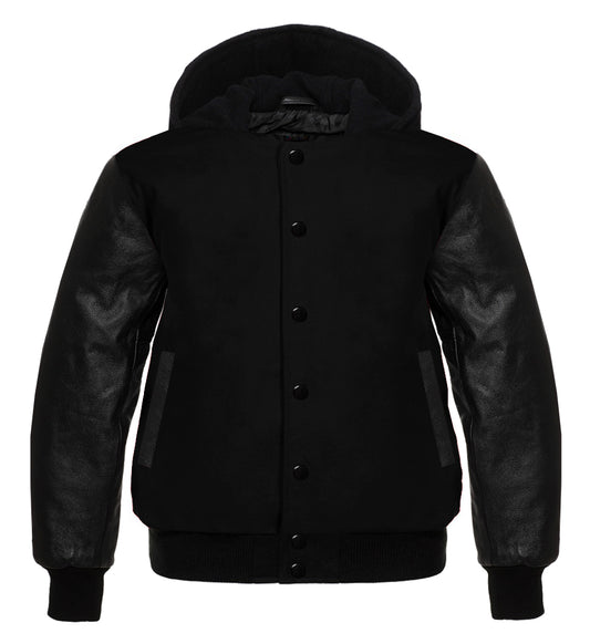 Black Wool Letterman Varsity Jacket with Black Leather Sleeves | Classic Baseball Bomber