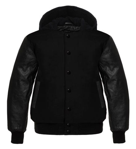 Black Wool Letterman Varsity Jacket with Black Leather Sleeves | Classic Baseball Bomber