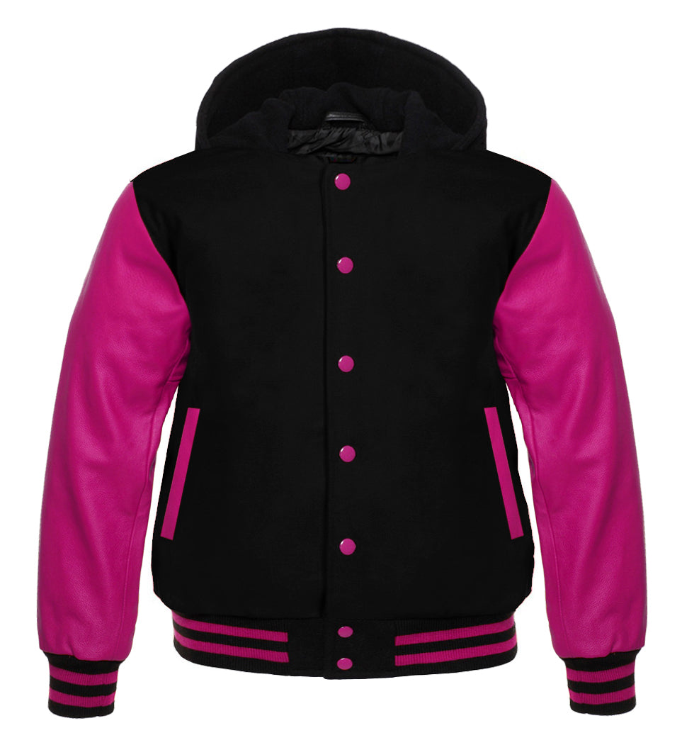 Black Wool &amp; Hot Pink Leather Varsity Jacket – Bold Contrast, Premium Craft, Classic Style