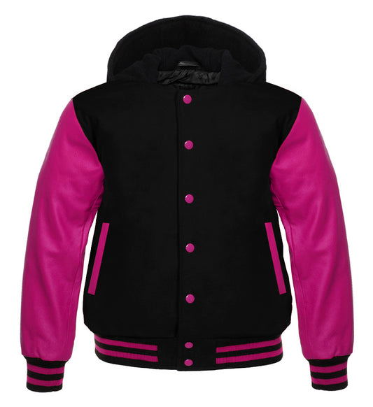 Black Wool &amp; Hot Pink Leather Varsity Jacket – Bold Contrast, Premium Craft, Classic Style