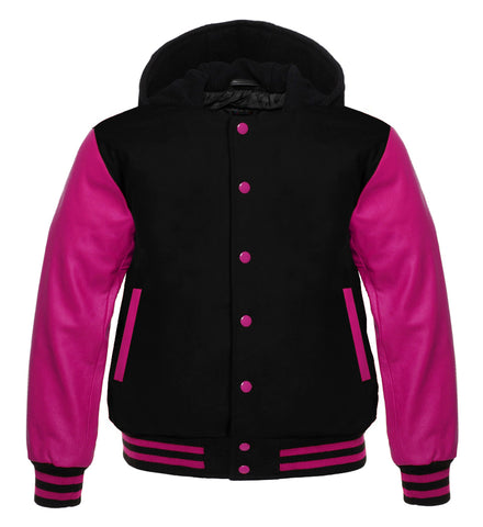 Black Wool &amp; Hot Pink Leather Varsity Jacket – Bold Contrast, Premium Craft, Classic Style