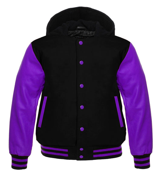 Black Wool &amp; Purple Leather Varsity Jacket – Bold Contrast, Premium Craft, Classic Style