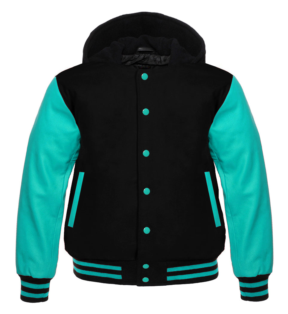 Black Wool &amp; Tiffany Leather Varsity Jacket – Bold Contrast, Premium Craft, Classic Style