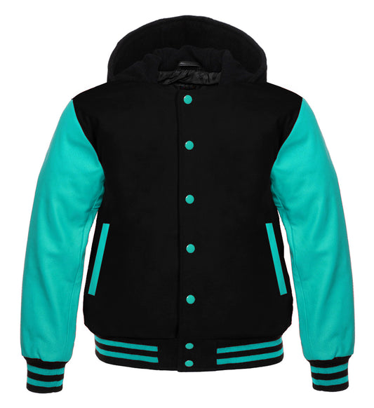 Black Wool &amp; Tiffany Leather Varsity Jacket – Bold Contrast, Premium Craft, Classic Style