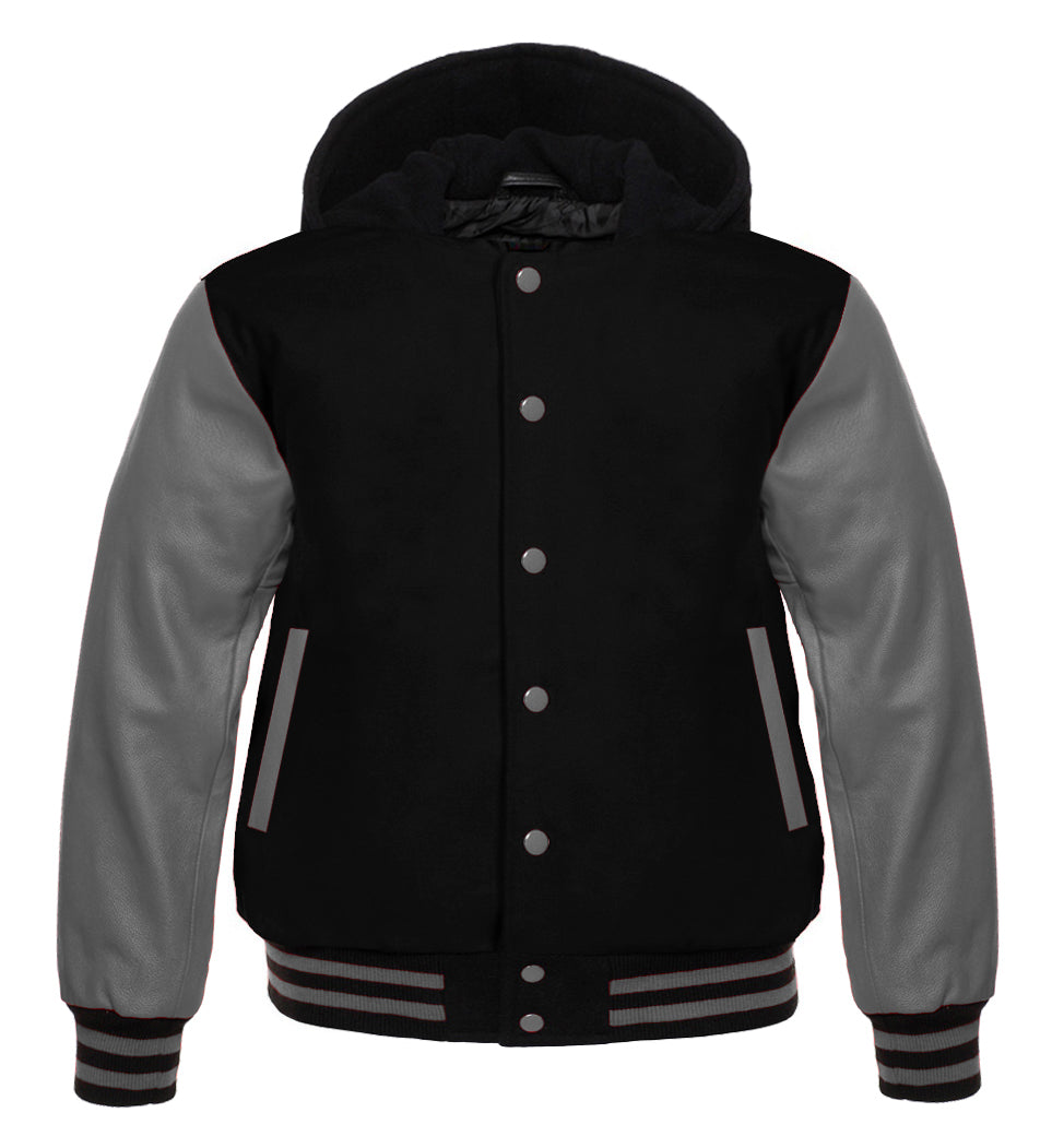 Men’s Black Wool Varsity Jacket with Grey Leather Sleeves | Unisex Letterman Bomber