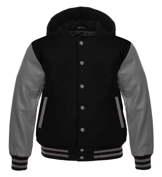 Men’s Black Wool Varsity Jacket with Grey Leather Sleeves | Unisex Letterman Bomber