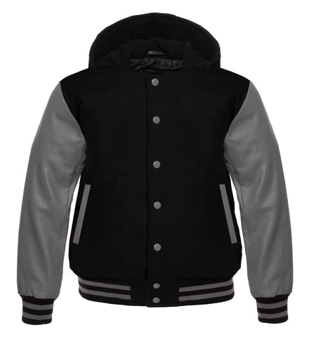Men’s Black Wool Varsity Jacket with Grey Leather Sleeves | Unisex Letterman Bomber