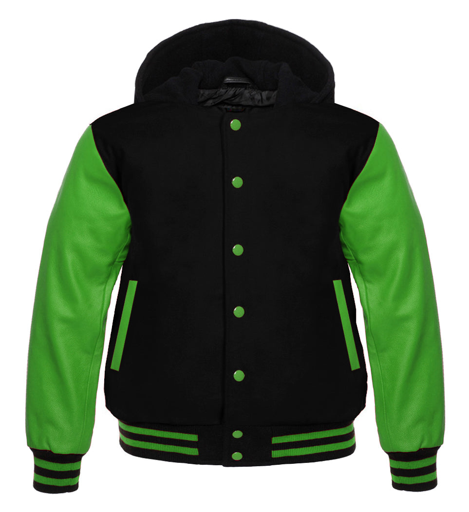 Unisex Black Wool Varsity Jacket with Green Leather Sleeves | Streetwear Letterman Bomber
