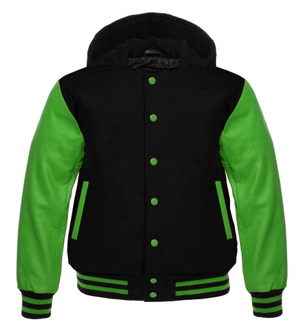 Unisex Black Wool Varsity Jacket with Green Leather Sleeves | Streetwear Letterman Bomber