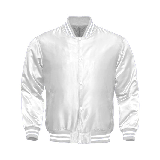 White Satin Varsity Jacket | Glossy White Letterman Bomber Unisex
