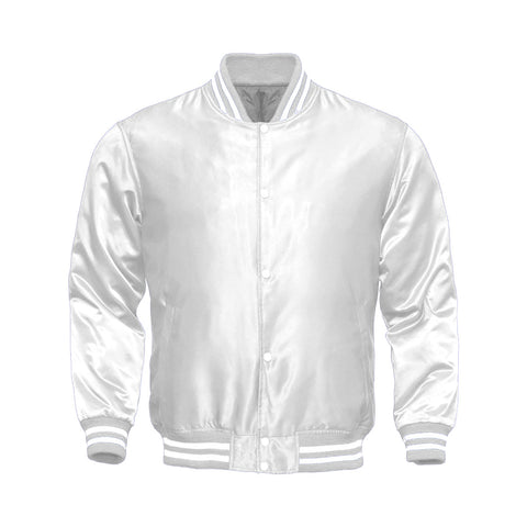 White Satin Varsity Jacket | Glossy White Letterman Bomber Unisex