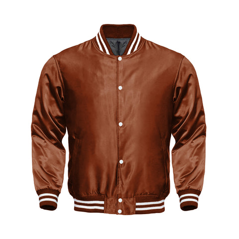 Brown Satin Varsity Jacket – Classic Elegance Meets Modern Street Style