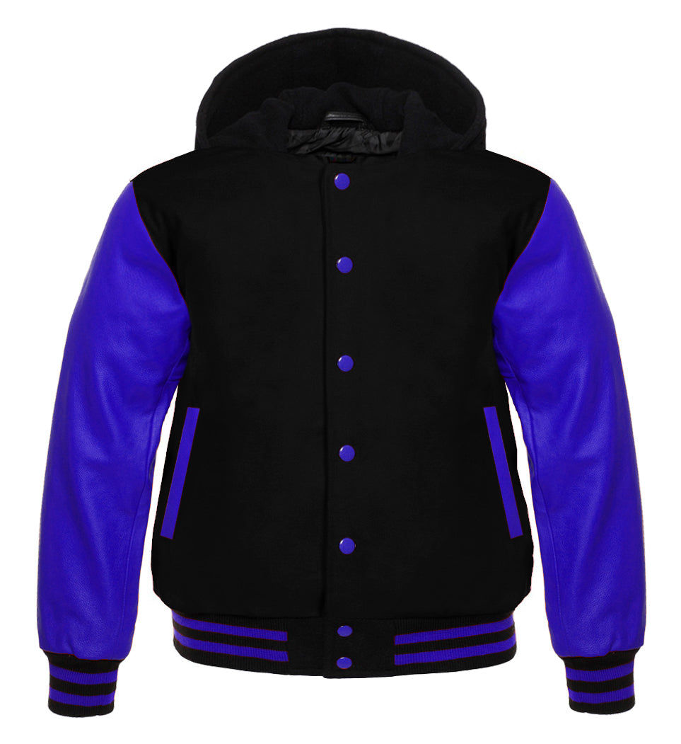 Black Wool Varsity Jacket with Blue Leather Sleeves | Unisex Letterman Bomber