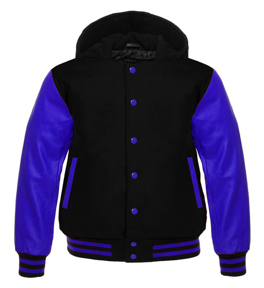 Black Wool Varsity Jacket with Blue Leather Sleeves | Unisex Letterman Bomber