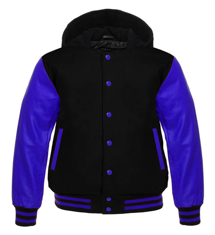 Black Wool Varsity Jacket with Blue Leather Sleeves | Unisex Letterman Bomber
