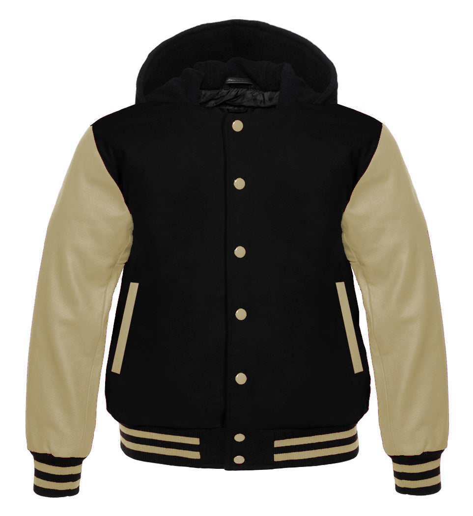 Black Wool Varsity Jacket with Cream Leather Sleeves | Unisex Letterman Bomber