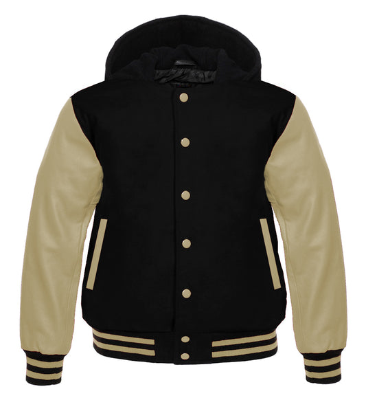 Black Wool Varsity Jacket with Cream Leather Sleeves | Unisex Letterman Bomber