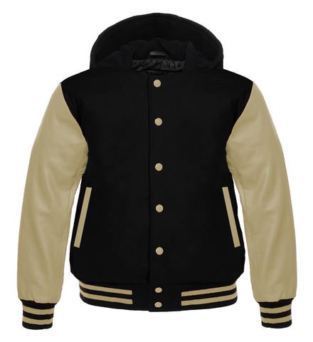 Black Wool Varsity Jacket with Cream Leather Sleeves | Unisex Letterman Bomber