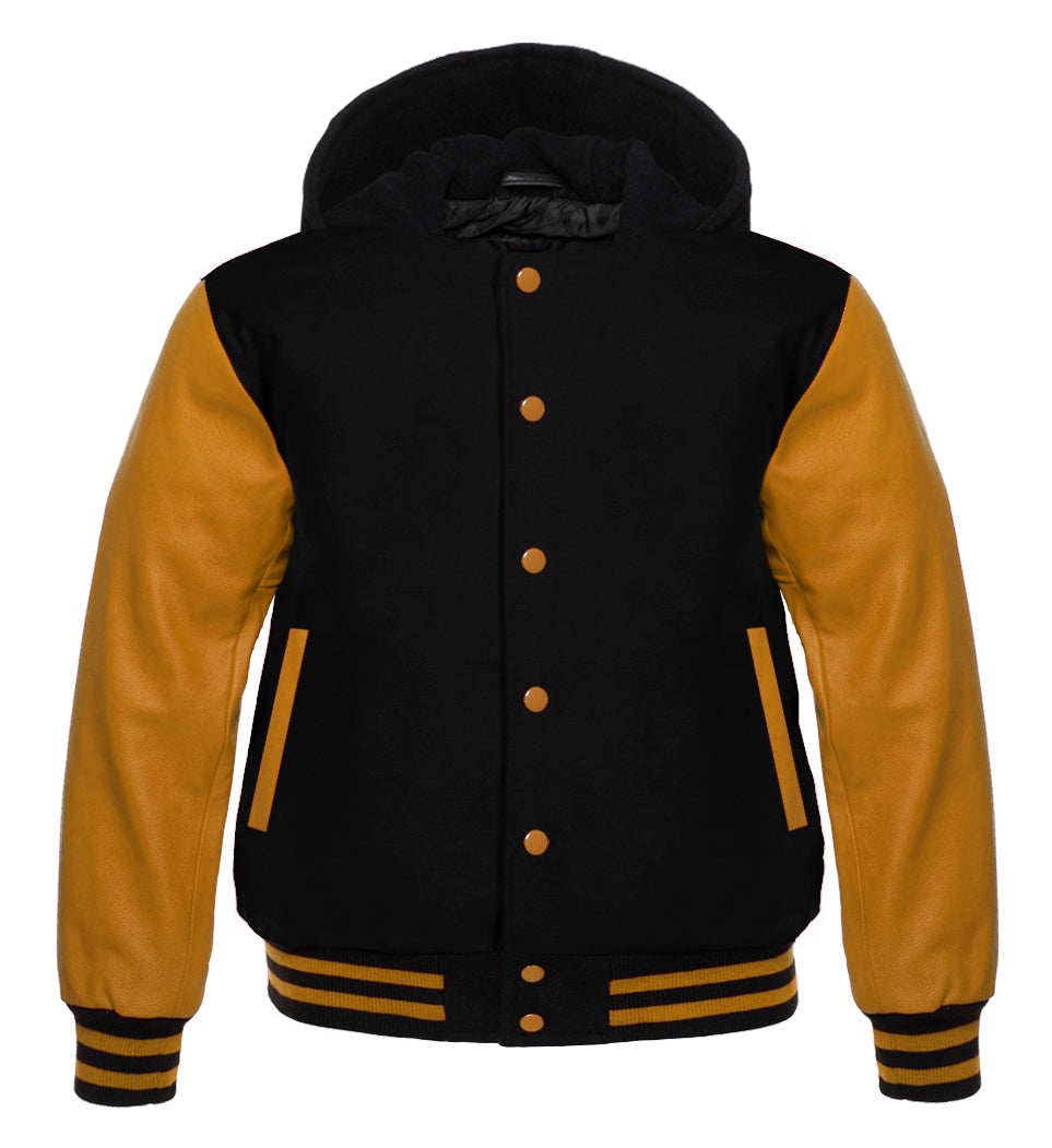 Black Wool Varsity Jacket with Gold Leather Sleeves | Unisex Letterman Bomber