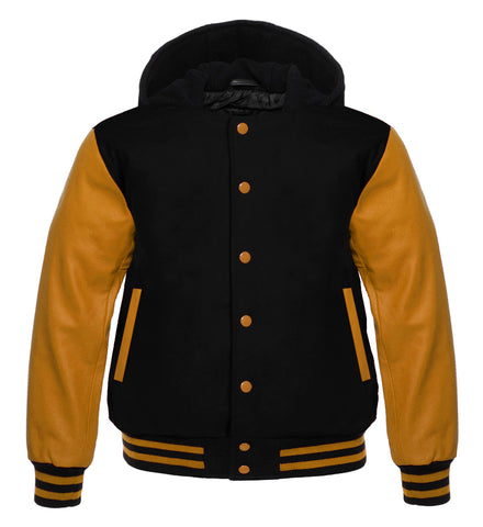 Black Wool Varsity Jacket with Gold Leather Sleeves | Unisex Letterman Bomber