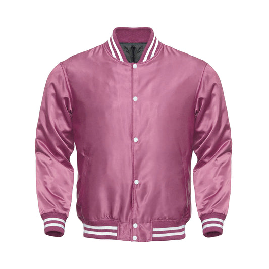 Pink Satin Varsity Jacket for Women & Men | Glossy Pink Letterman Bomber