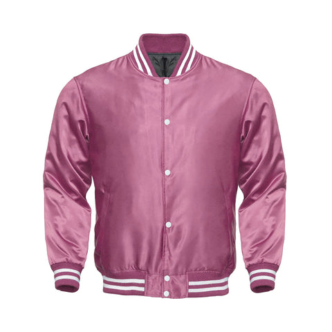 Pink Satin Varsity Jacket for Women & Men | Glossy Pink Letterman Bomber