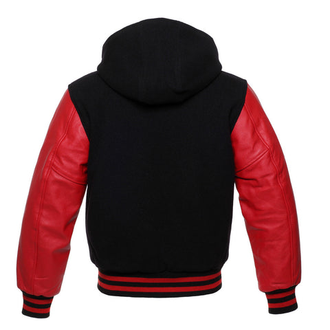 Black Wool Baseball Letterman Jacket with Red Leather Sleeves | Premium Varsity Bomber