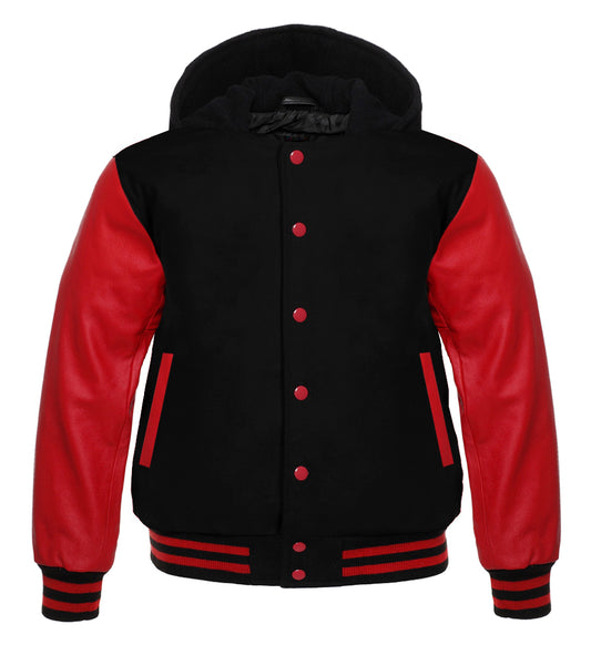 Black Wool Baseball Letterman Jacket with Red Leather Sleeves | Premium Varsity Bomber