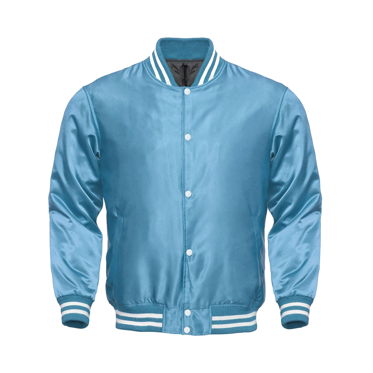 Light Blue Satin Varsity Jacket | Glossy Baby Blue Letterman Bomber Unisex