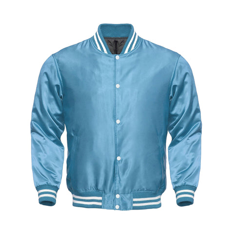 Light Blue Satin Varsity Jacket | Glossy Baby Blue Letterman Bomber Unisex