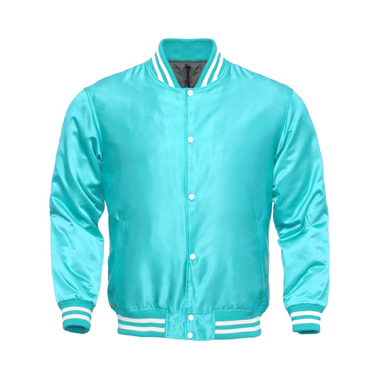 Tiffany Satin Varsity Jacket | Glossy Aqua Letterman Bomber Unisex