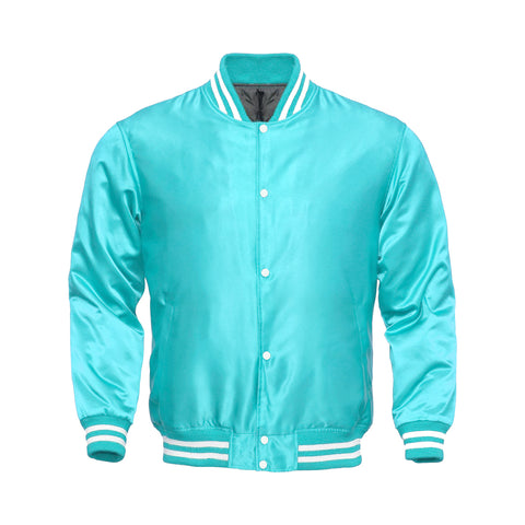 Tiffany Satin Varsity Jacket | Glossy Aqua Letterman Bomber Unisex
