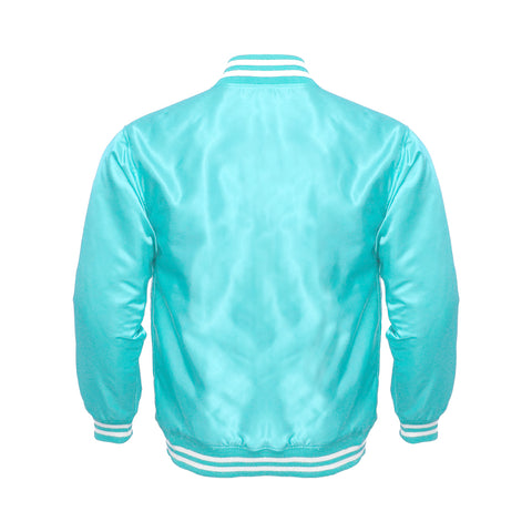 Tiffany Satin Varsity Jacket | Glossy Aqua Letterman Bomber Unisex